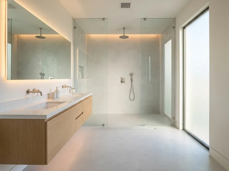 Minimalist bathroom with handleless pale oak vanity and bare surfaces