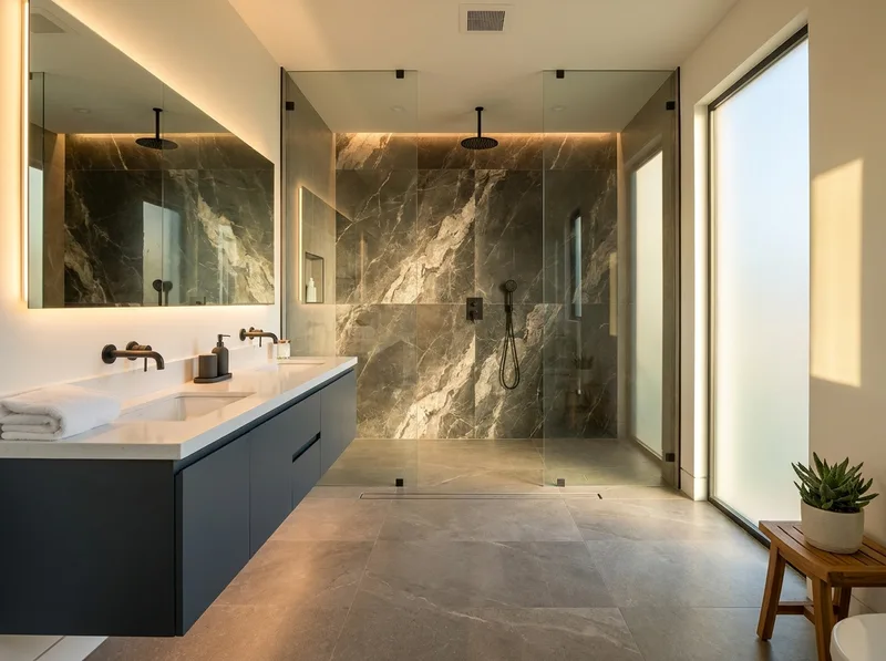 Modern bathroom with slate-gray floating vanity and black fixtures