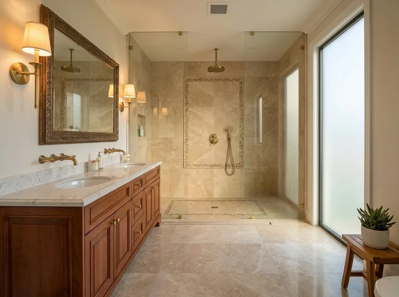 Traditional bathroom with cherry wood vanity, brass fixtures, and warm stone
