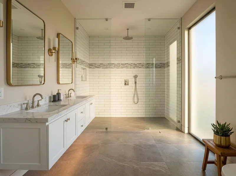 Transitional bathroom with white shaker vanity, subway tile, and mixed metals