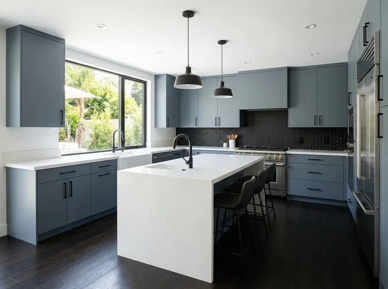 Modern kitchen with flat-panel cabinets, bold contrast, and clean lines